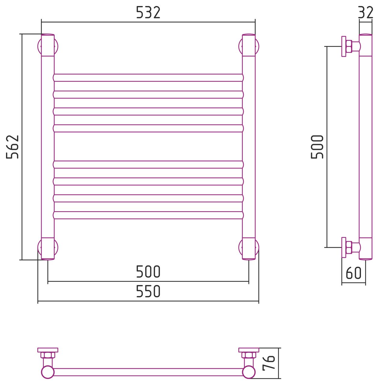 Полотенцесушитель водяной "Богема+" прямая 500х500 (Без покрытия) Полотенцесушитель водяной "Богема+" прямая 500х500 (Без покрытия)