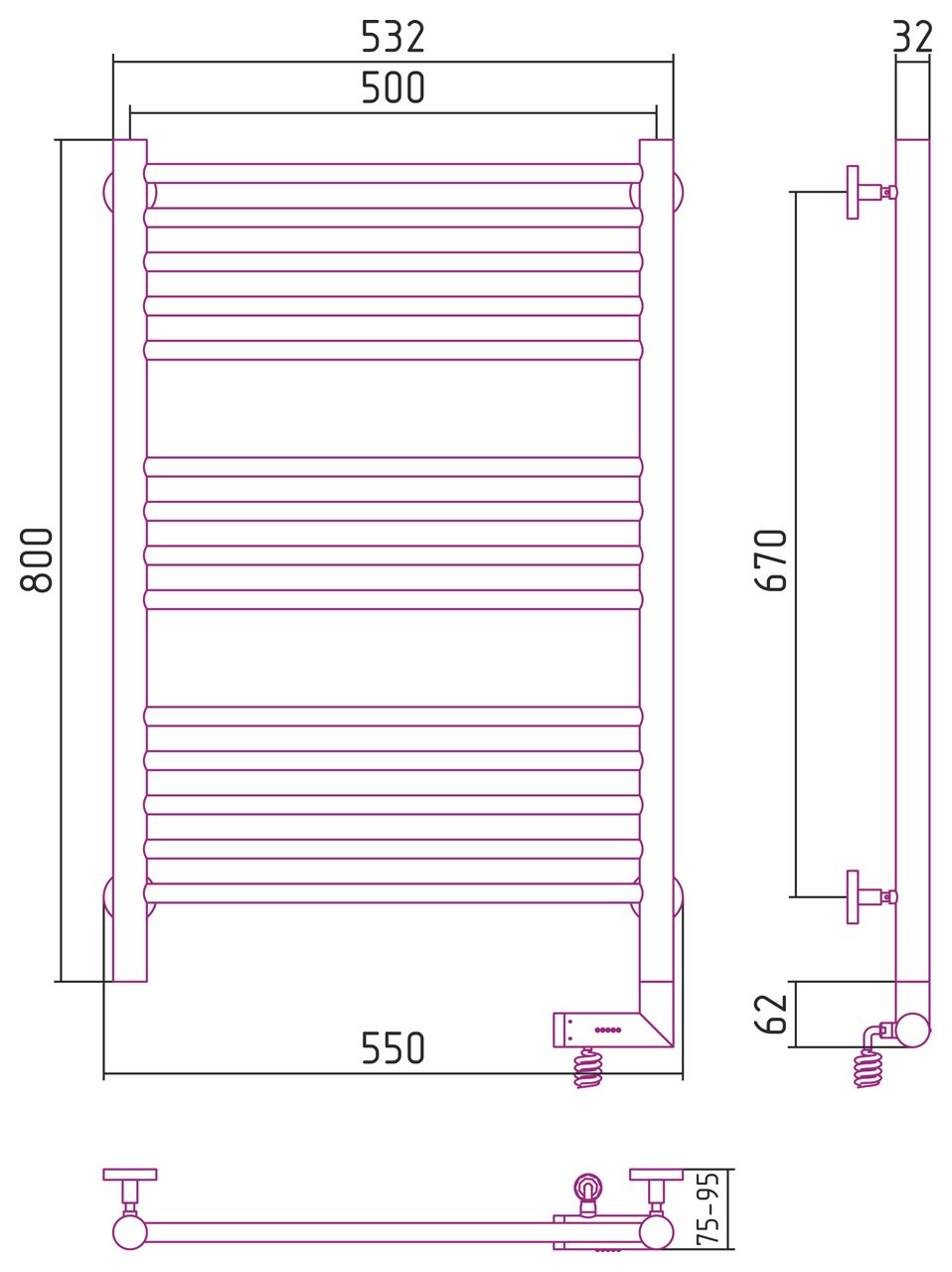 Полотенцесушитель электрический "БОГЕМА 2.0" прямая 800х500 / МЭМ правый (RAL 1015 Светлая слоновая кость)