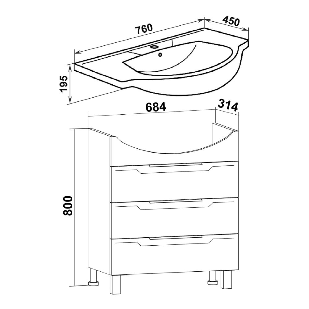 Тумба Runo Верона 75 под умывальник УТ000001314 (Элеганс 75) (00000001146), артикул 00000001146