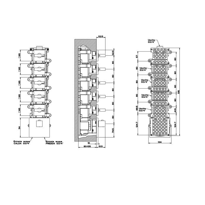 Gessi Rettangolo Встраиваемый термостат, подключение на 3/4”, с 5ю независимыми выходами(внешние части), цвет: черный