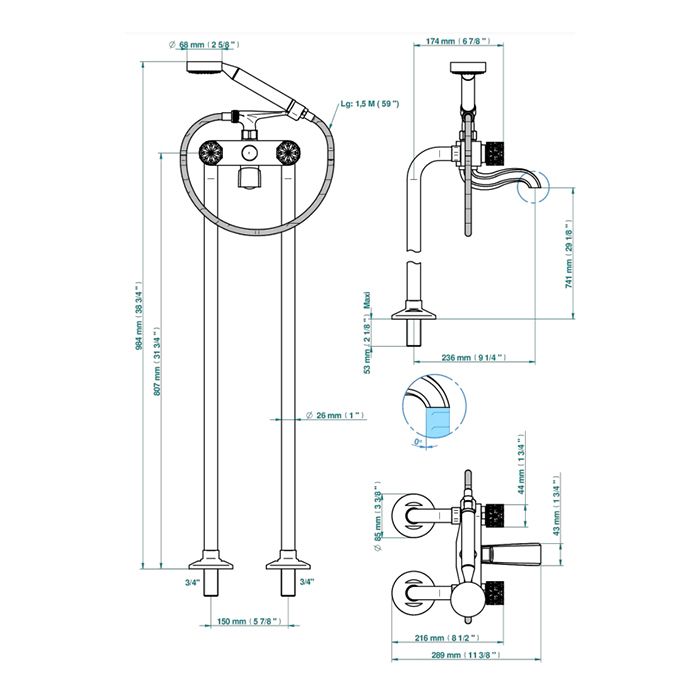 THG NIHAL PORCELAINE IVOIRE Смеситель для ванны напольный, двухвентильный, с ручным душем и шлангом 1500 мм., цвет Хром
