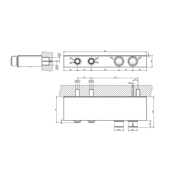 GESSI HI-FI ECLECTIC Смеситель для душа настенный встраиваемый, термостатический, с полкой, с 2 запорными кнопками, цвет Black XL GESSI HI-FI ECLECTIC Смеситель для душа настенный встраиваемый, термостатический, с полкой, с 2 запорными кнопками, цвет Black XL