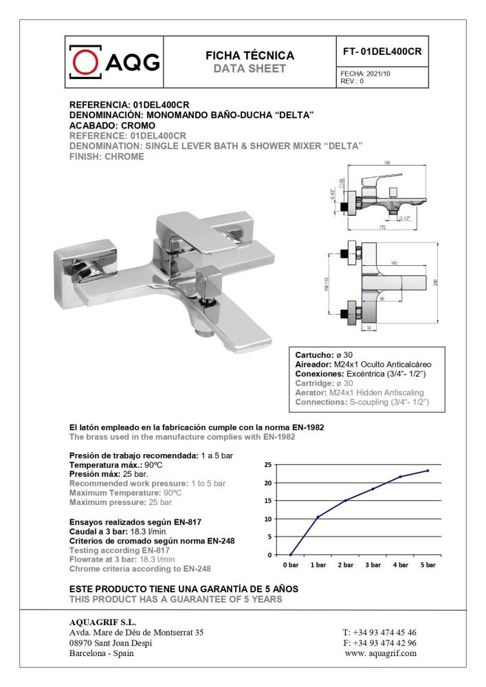 AQG Delta, однорычажный смеситель для ванны c набором для душа SETP, цвет хром, артикул 01DEL419CR