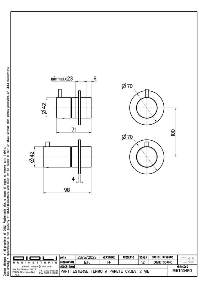 Oioli Micro, встраиваемый в стену терм. смеситель для душа на 2 потребителя, без вн/ч OIPITD20004B, цвет брашированное золото