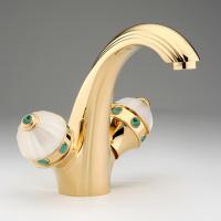 THG AMBOISE MALACHITE Смеситель для раковины на 1 отверстие, с донным клапаном, вставки малахит, цвет полированное золото