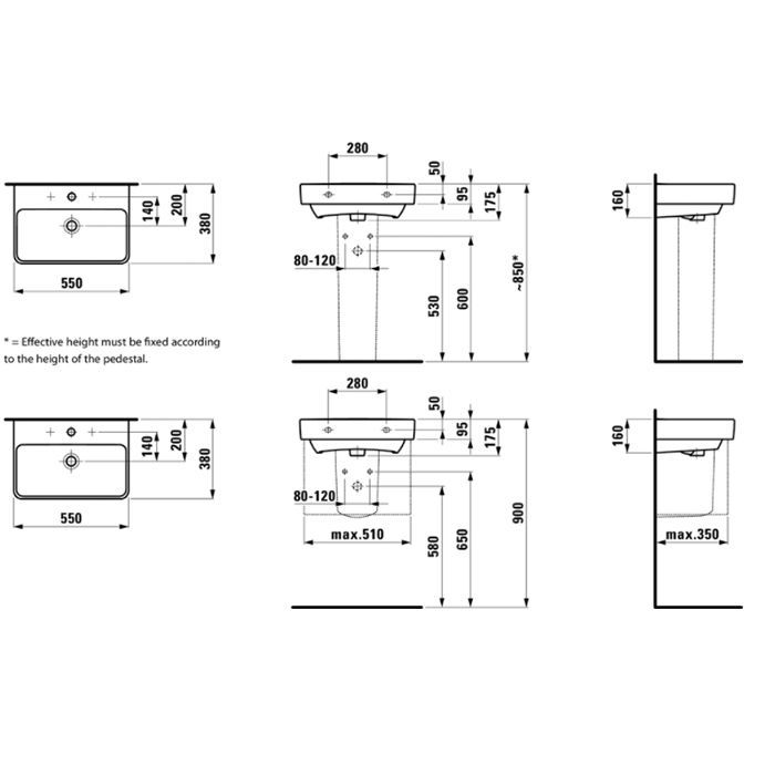 Laufen Pro S Раковина55х38х9,5 см,подвесная/накладная без отв. под смеситель, c переливом, цвет: белый