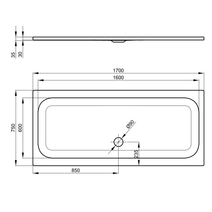 BETTE Душевой поддон 1700x750x35 мм, прямоугольный, D90 мм, с противоскользящим покрытием. цвет белый