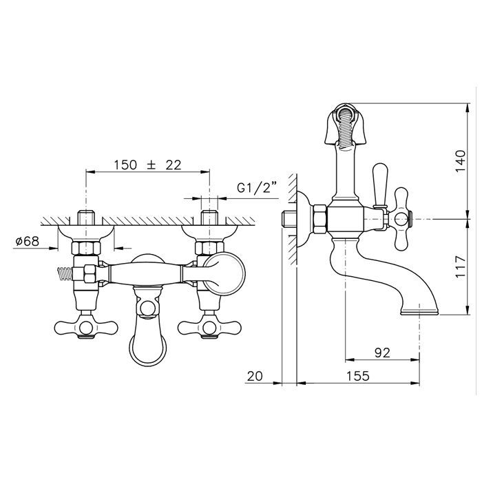 Nicolazzi Nuova Brenta Смеситель для ванны настенный, с 2мя ручками, с душевой лейкой, цвет: античное матовое золото