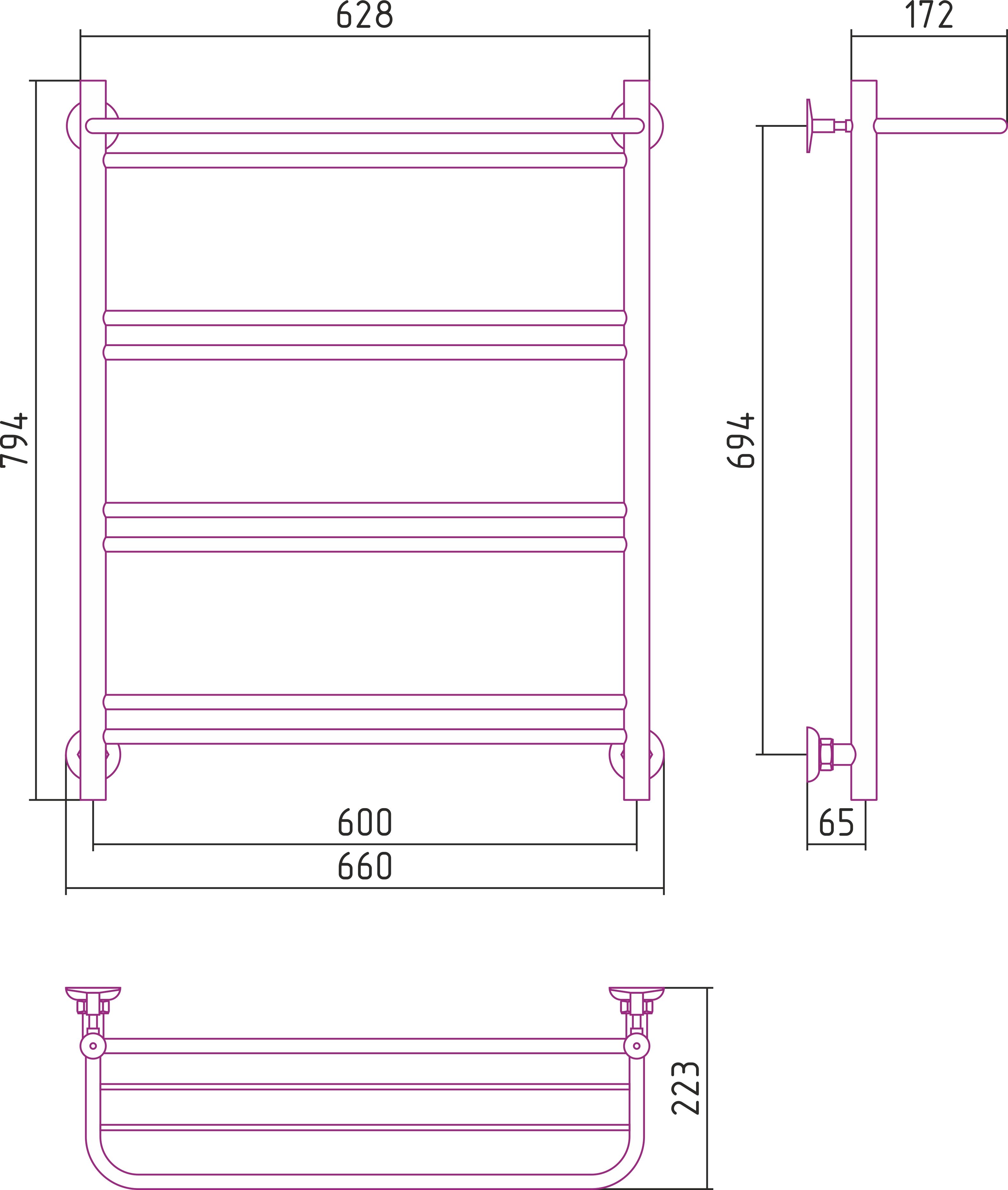 Полотенцесушитель водяной СТИЛЬЕ "Версия-Н1" 800х600 (Полка+1+2+2+2) П 16 (Чёрный)