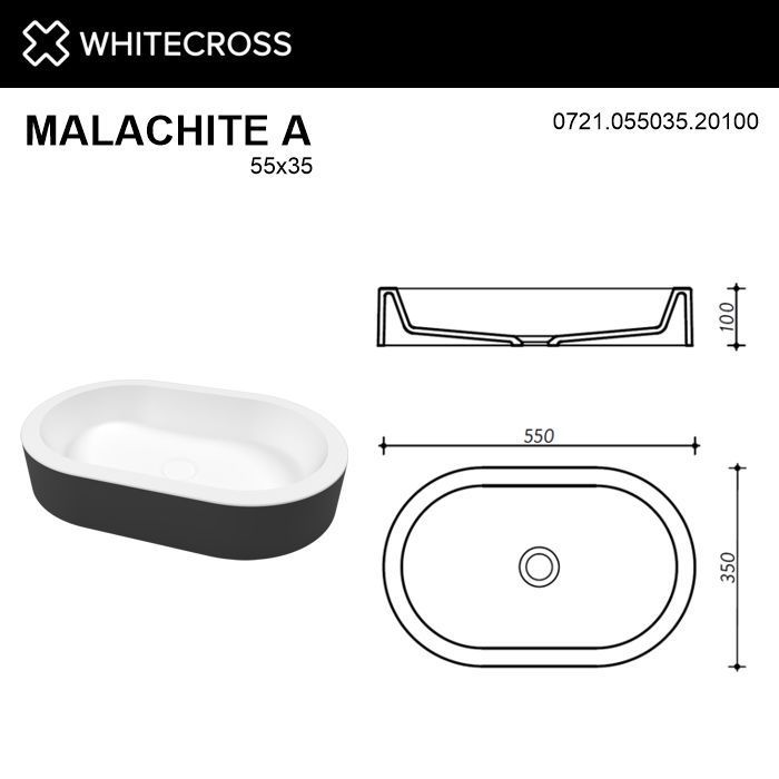 Умывальник WHITECROSS Malachite A 55x35 (черный/белый мат) иск. камень