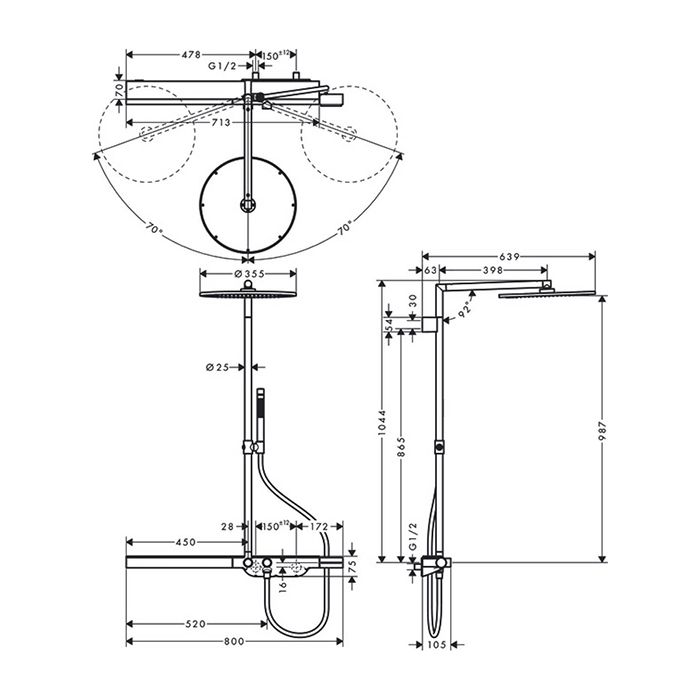 AX  Душевая стойка с термостатом, верхним душем Ø350мм, 1jet, шлангом,  ручным душем и полочкой, цвет: хром