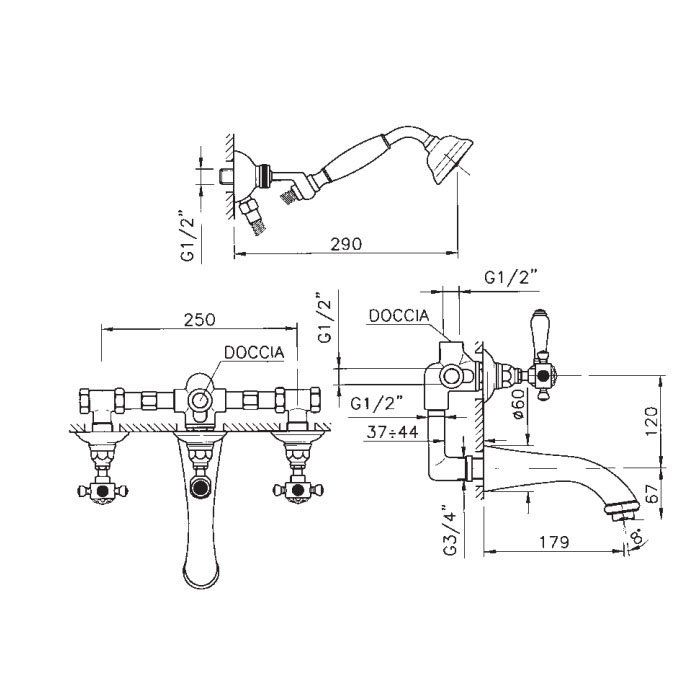 Nicolazzi Le Pietre Смеситель для ванны с 2мя ручками, встроенный, вкл. внутр часть + комплект руч. душа, цвет: хром