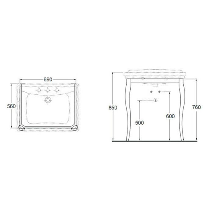 AZZURRA CHARME раковина подвесная/или на колонну 70х51см, с 3 отв для смесителя, цвет белый