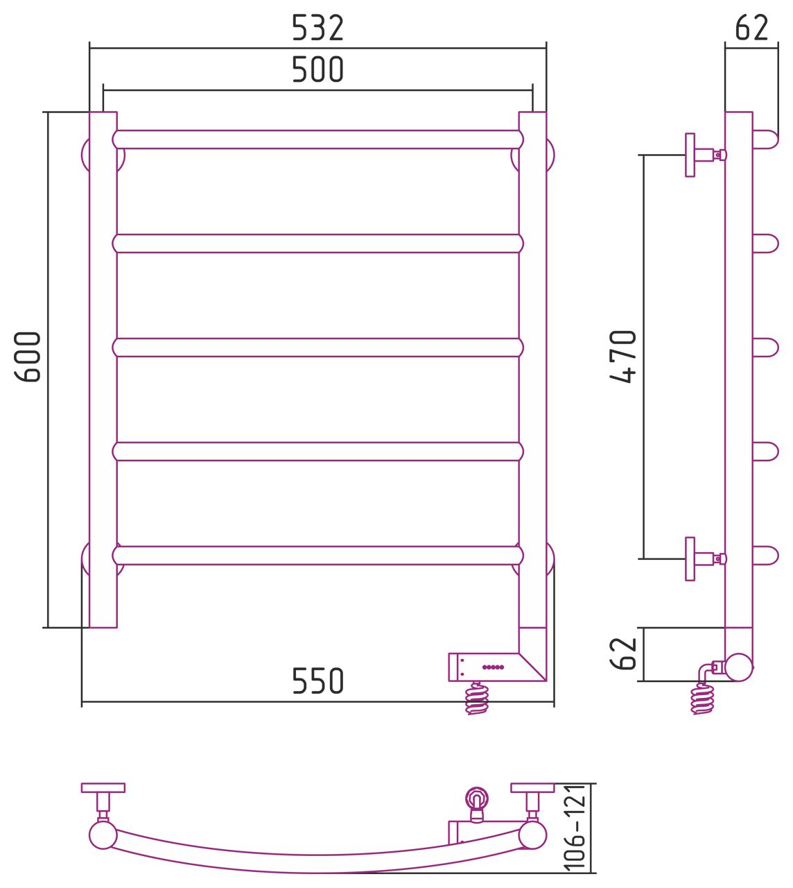 Полотенцесушитель электрический "ГАЛАНТ 2.0" 600х500 / МЭМ правый (Матовый Чёрный)