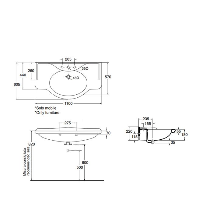 AZZURRA GIUNONE раковина консоль 112*62*6hсм с 1 отв под смеситель, цвет белый