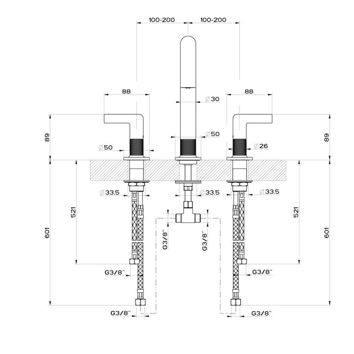 GESSI INCISO Смеситель для раковины на 3 отверстия без донного клапана, излив 160мм, h=240мм, цвет: finox