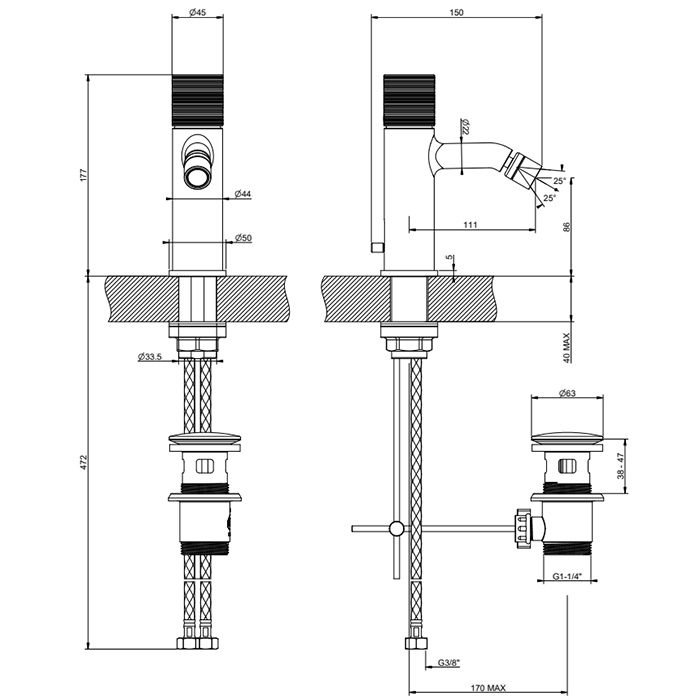 GESSI HABITO TRAME Смеситель для биде на 1 отверстие, однорычажный, в комплекте с донным клапаном, цвет Black Metal PVD