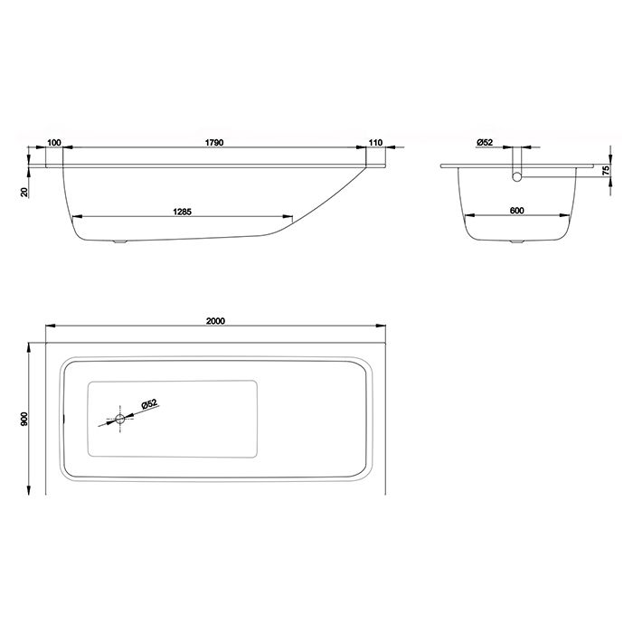 BETTE One Ванна с шумоизоляцией 200х90х45, покрытие BetteGlasur® Plus и BetteАнтислип, цвет белый (для удлиненного слива-перелива)