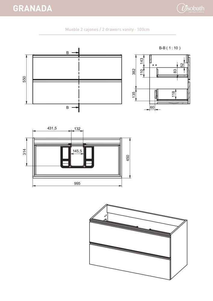 Visobath Granada, тумба 100 см, 2 ящика c черными ручками, цвет кварцевый матовый лак (Quarzo), артикул 76544/87605