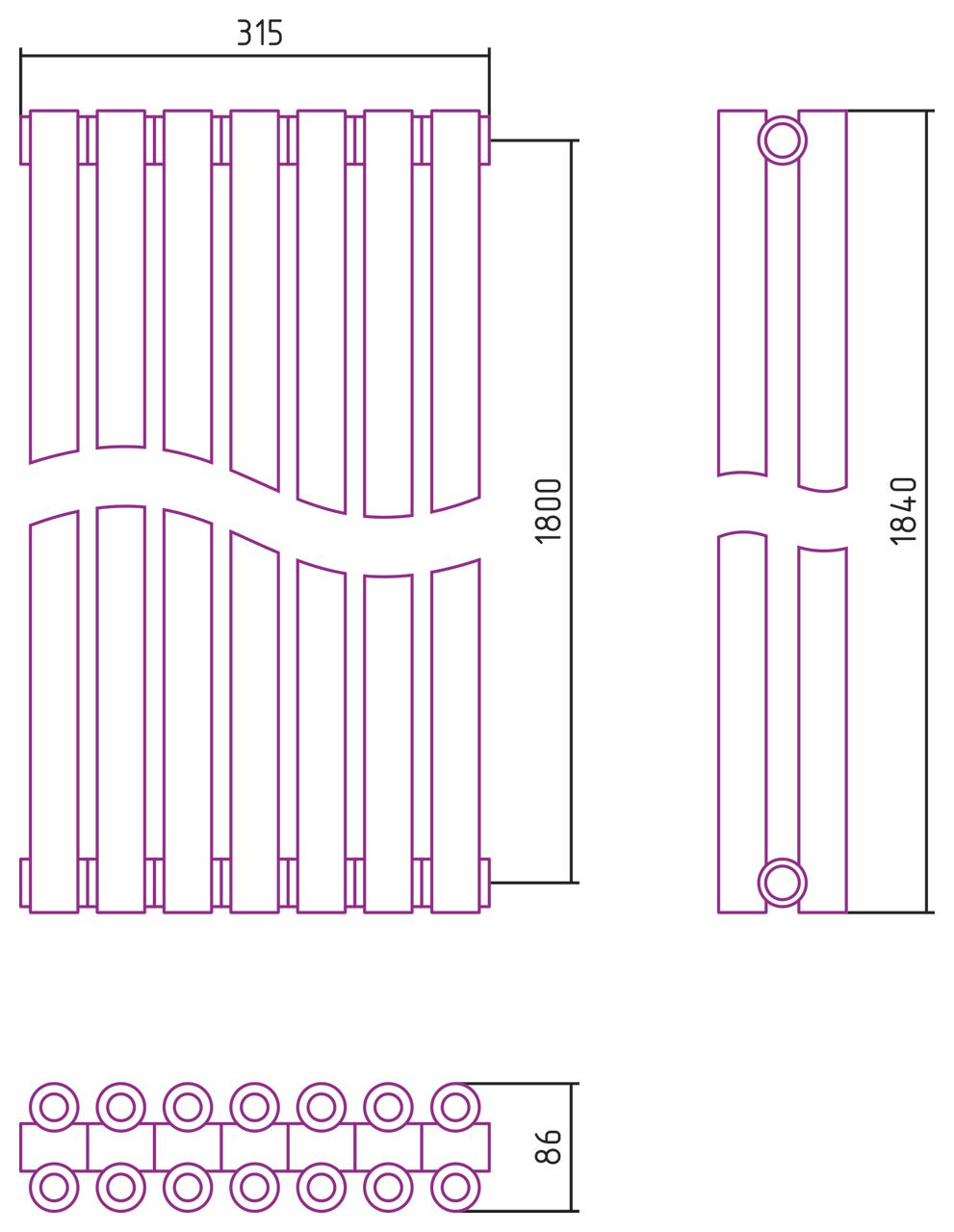 Отопительный радиатор ЭСТЕТ-00 н/ж 1800х315 / 7 сек (БЕЛЫЙ)
