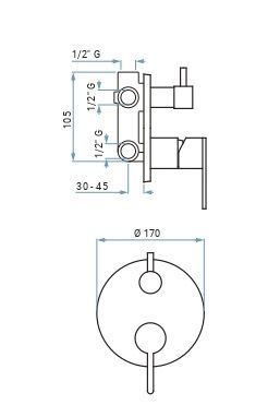 Emmevi Filobrass, однорычажный встраиваемый смеситель для душа с рычажным дивертером, на 2 выхода, цвет хром, артикул 85019CER/CR