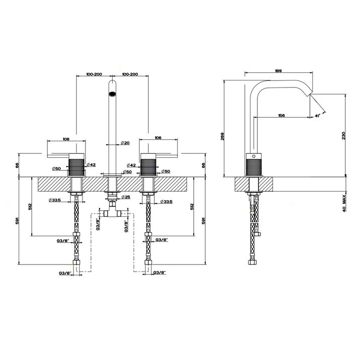 GESSI 316 Смеситель для раковины на 3 отверстия, без донного клапана, излив 156мм, h=269мм, цвет: steel brushed