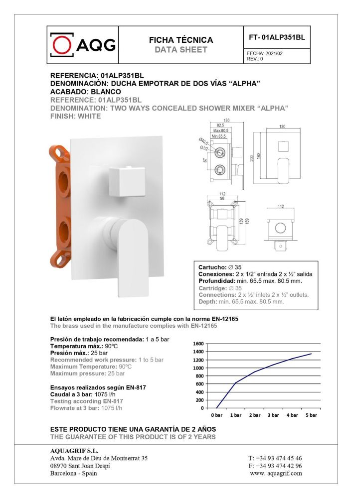 AQG Alpha, встраиваемый смеситель для душа на 2 выхода, с дивертером, цвет белый матовый