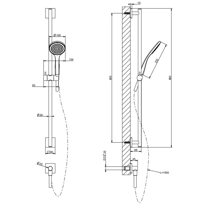 GESSI Rilievo Штанга в комплекте с душевой лейкой, шланг 1,50 м, вывод воды из стены, цвет: хром
