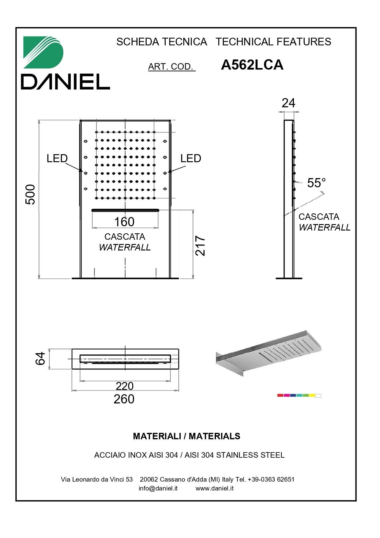 Daniel, настенная лейка для душа (2х режимная) с 7 цветной светодиодной подсветкой, 500х260х64 мм, цвет хром