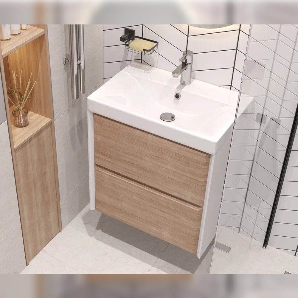 Тумба под раковину подвесная Velvex Gesso tp.GES.9696.60.2Y белый матовый/дуб сонома, 60 см, артикул tp.GES.9696.60.2Y белый матовый/дуб сонома