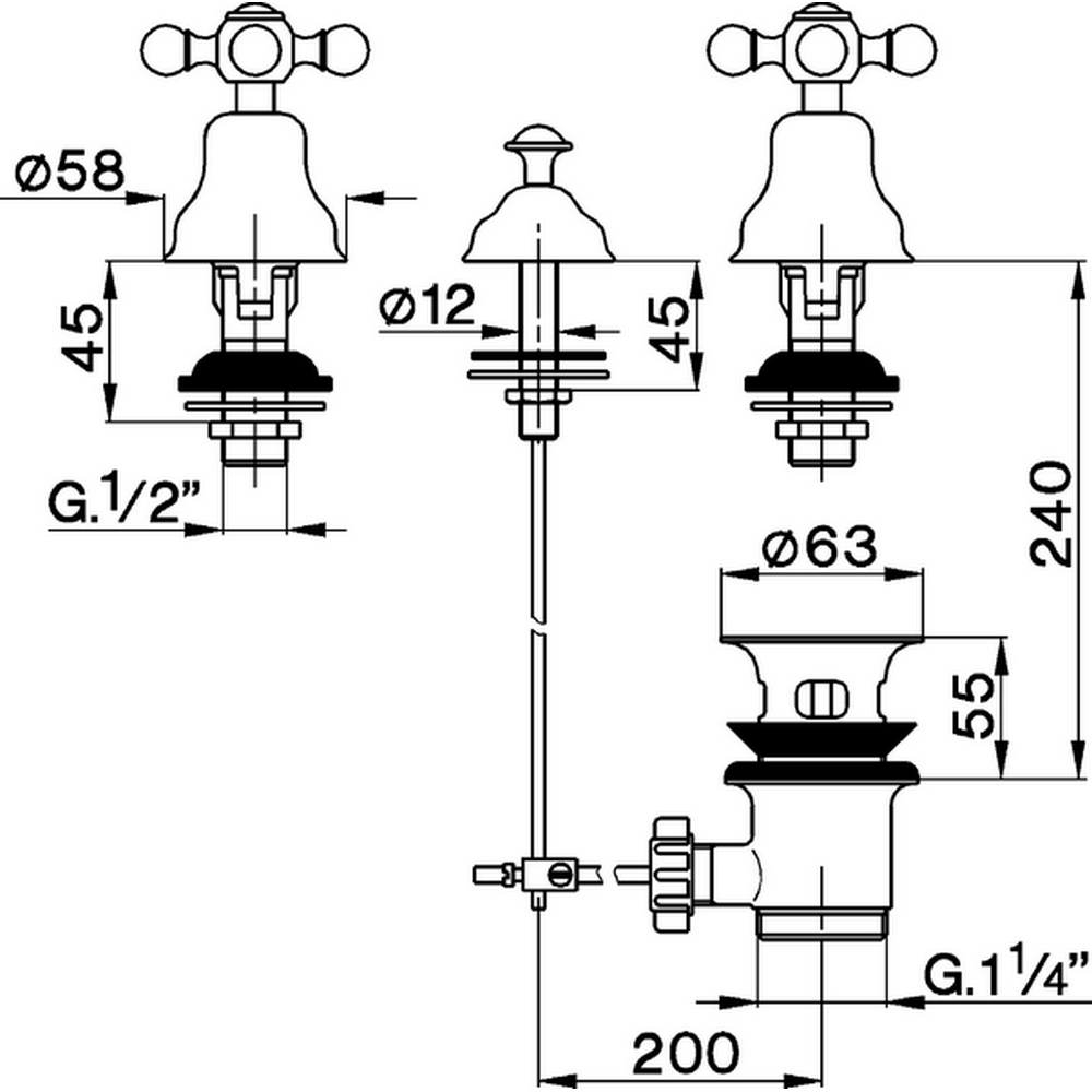 CISAL Arcana Ceramic Смеситель для биде на 3 отверстия без излива, с донным клапаном, цвет хром