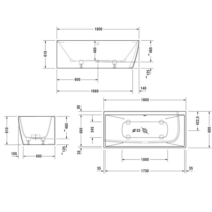 Duravit Vitrium Ванна прямоугольная  левый угол  1800x800мм, с ножками, с2 наклонами для спины, цвет синий матовый