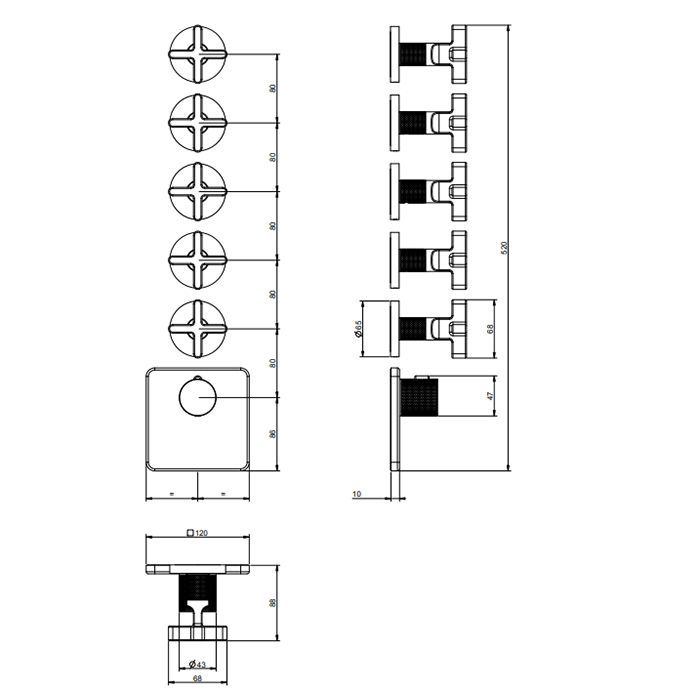 GESSI INCISO Встраиваемый термостатический смеситель на 5 источников, резьба 3/4" (внешние части), цвет: золото
