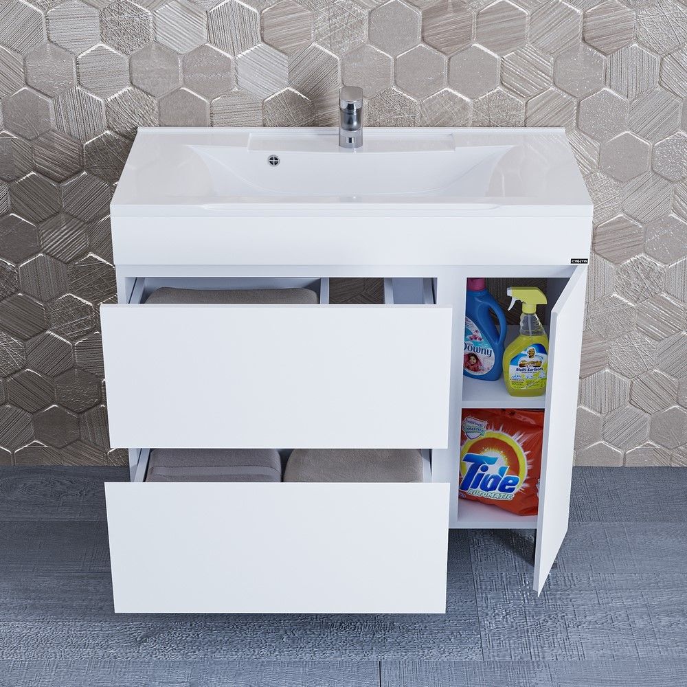 Тумба под раковину Санта Марс 90 см, 700252, 2 ящика, 1 дверь, напольная, белый ум. Elen 90 литой мрамор)