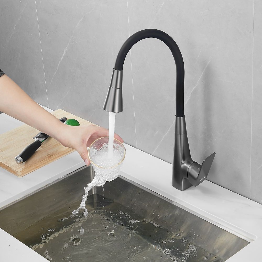 Смеситель для кухни с гибким изливом и режимом душ Haiba HB73823-3, оружейная сталь