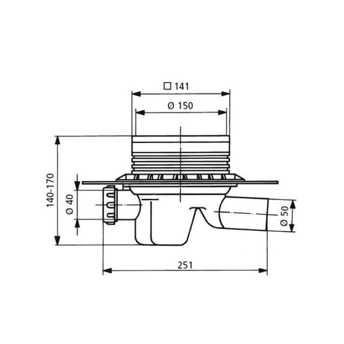 SANIT Трап для слива во внутр-х помещениях (проп. спос-ть 58л/мин), с решеткой из нержав стали, боковой штуцер диам 40мм, отвод диам 50мм