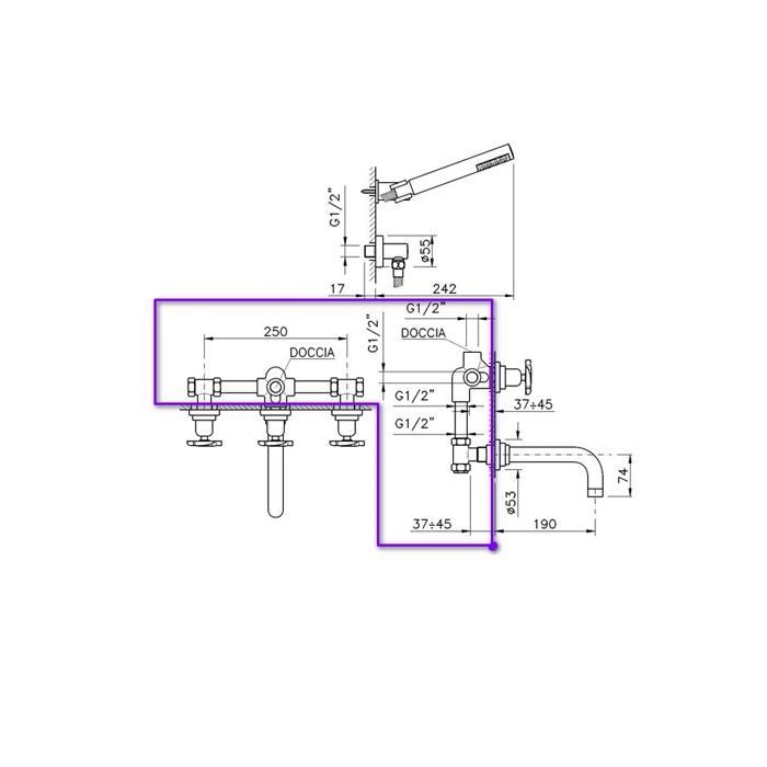 Внутренняя часть, Nicolazzi, назначение-смеситель для ванны и душа встраиваемый настенный, стандарт подвода воды-1/2", не окрашен