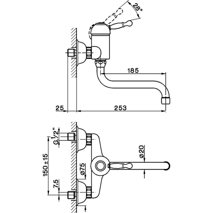 CISAL Смеситель однорычажный настенный для кухни,с поворотным изливом 253 мм, цвет бронза