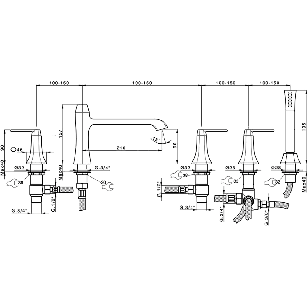 CISAL Cherie Смеситель на борт ванны на 5 отверстий,излив 210 мм, цвет золото/черный матовый