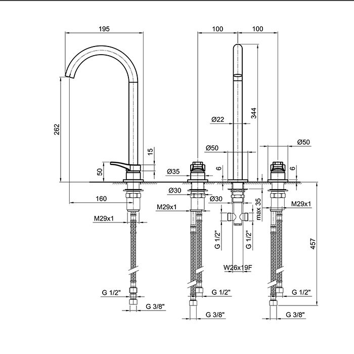 Fantini AL/23 Смеситель для раковины, 3 отв., без донного клапана, излив 160мм, цвет: хром