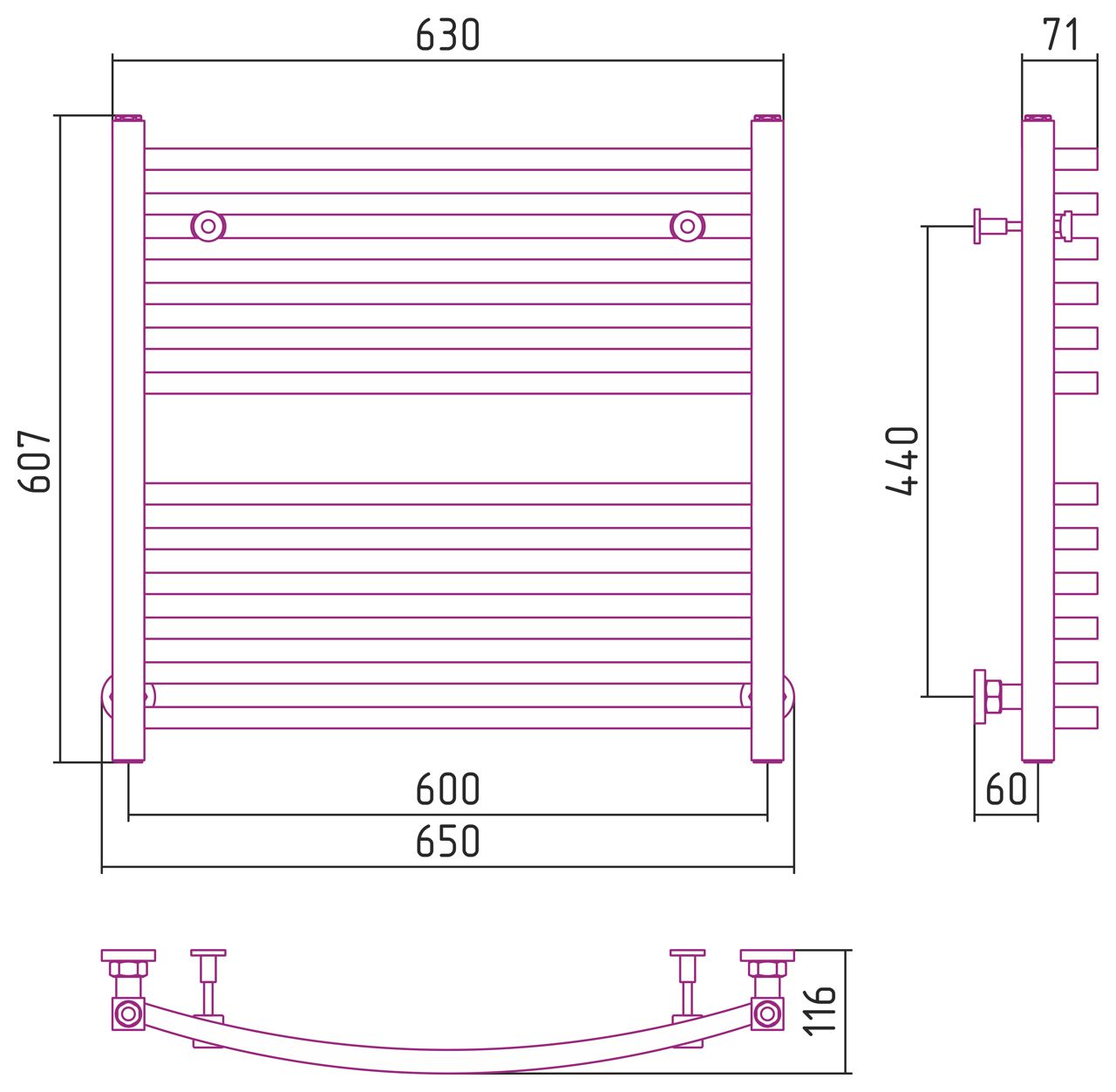 Полотенцесушитель водяной АРКУС 600х600 (Матовый Чёрный)