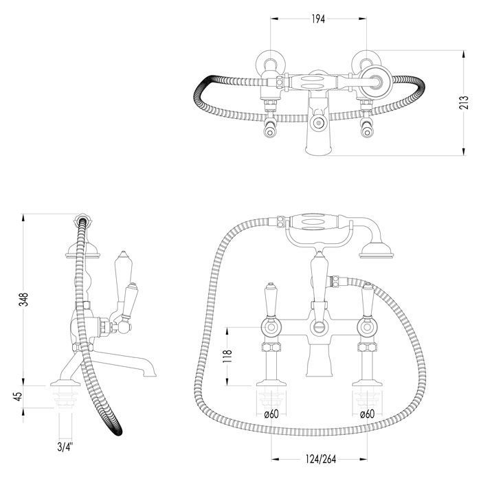 Devon Black Dandy Смеситель для ванны, монтаж на бортик ванны, с лейкой и шлангом, ручки черные, цвет: хром, артикул MARF40BCRBD