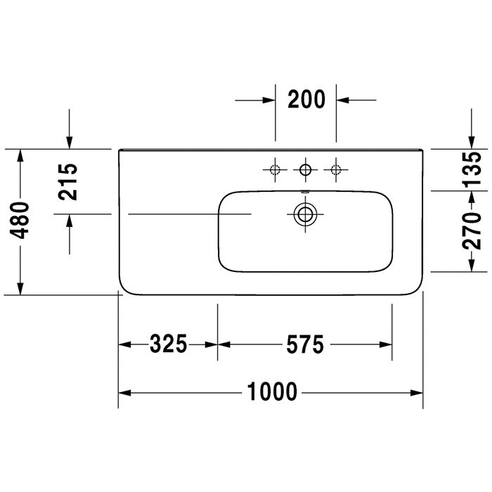 Duravit DuraStyle Раковина для мебели ассиметричная,с перел., с 3 отв. под смес., раковина справа, 1000x480мм, Цвет: Белый