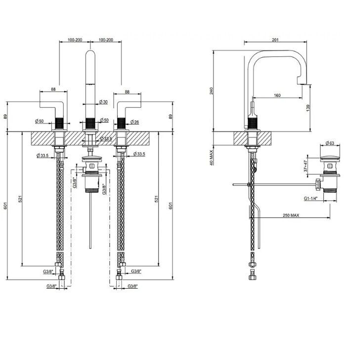 GESSI INCISO Смеситель для раковины на 3 отверстия с донным клапаном, излив 160мм, h=240мм Цвет: brushed black metal pvd