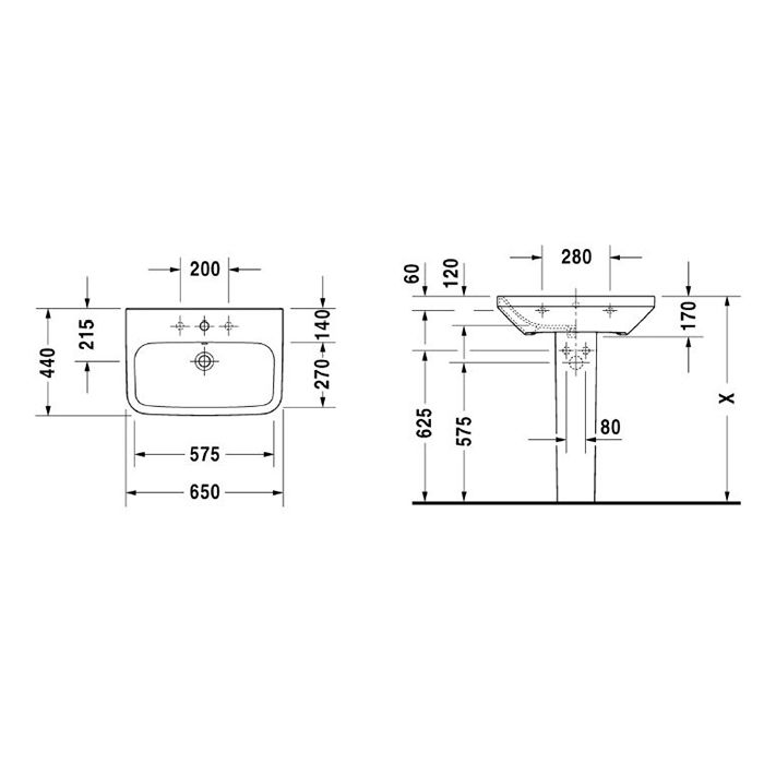 Duravit DuraStyle Раковина подвесная с переливом, 650х440 мм , с 1 отв под смеситель, цвет белый