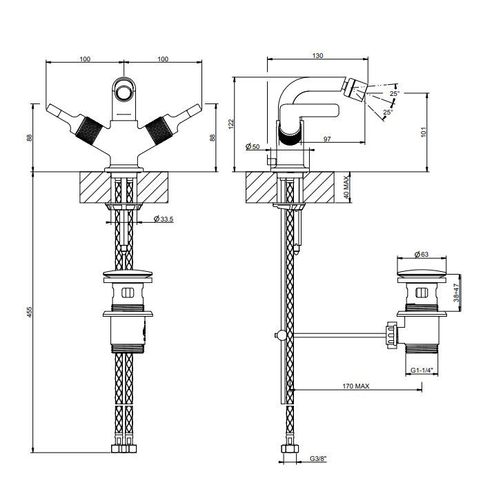 GESSI INCISO Смеситель для биде на 1 отверстие с донным клапаном, излив 97мм, цвет: хром