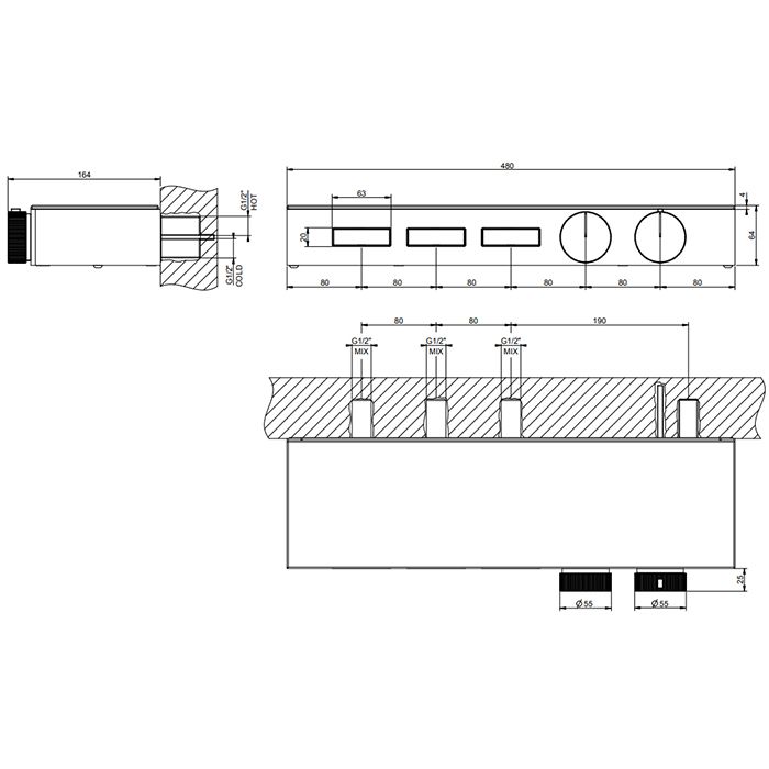 Gessi Hi-Fi Термостат для душа, с вкл. до 3 источников одновременно (внешняя часть), с полкой из черного мат. стекла, цвет: Black Metal PVD
