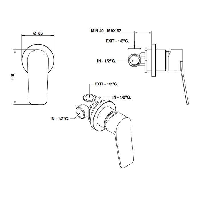Bongio GIO2 Смеситель встроенный для душа (с розеткой маленькой 65мм), цвет: черный матовый (без встраиваемой части 9761), артикул 80524NERPPREU