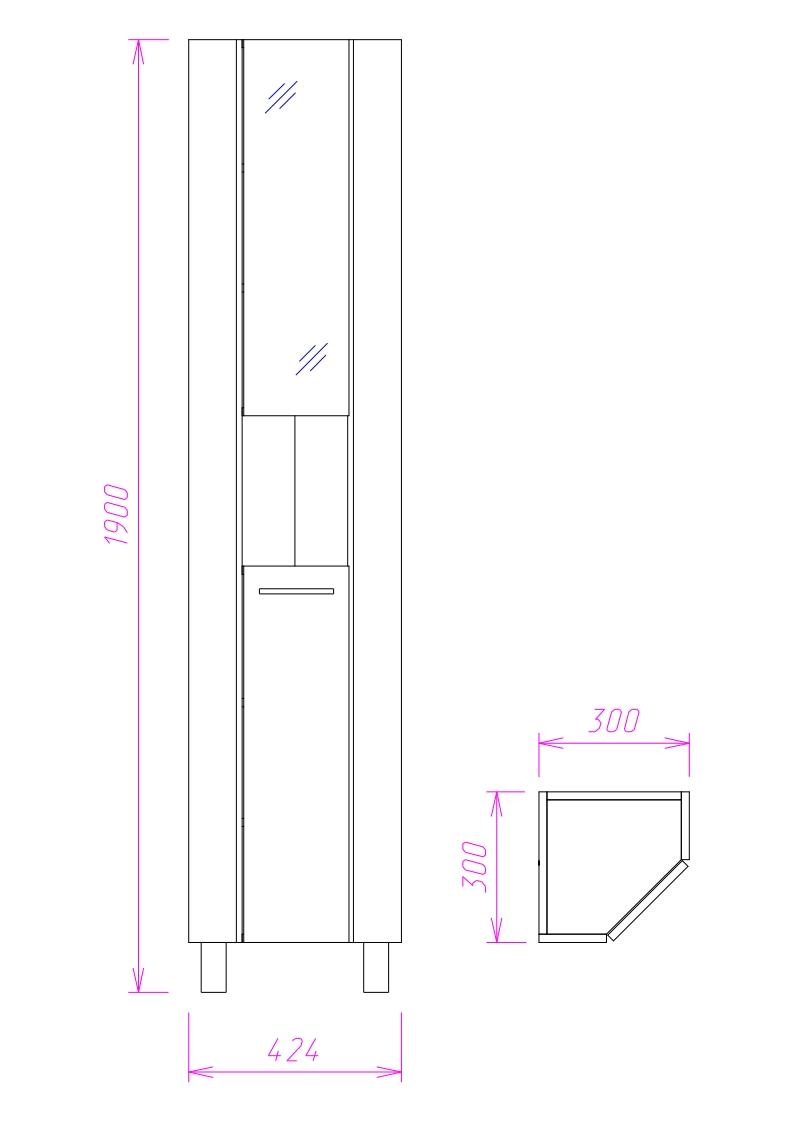 Пенал Onika Дюна 30 напольный, белый, правый, угловой, с зеркалом