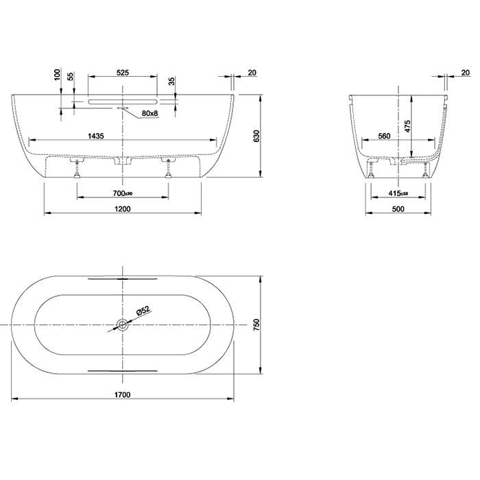 Ванна, KNIEF, Lotus, ширина, мм-1700, глубина, мм-750, высота, мм-630, водоизмещение (л)-355, тип установки-отдельностоящий, форма-овальная, слив-перелив-в комплекте, диаметр слива, мм-52, с переливом в виде прорези и сливом в виде донного клапана, с ручк